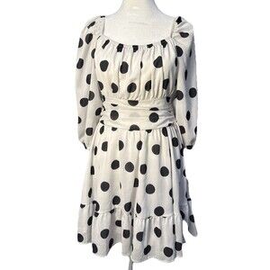 Exlura White Polka Dot Mini Dress MED Open Tie Back Vintage Cottagecore Parisian